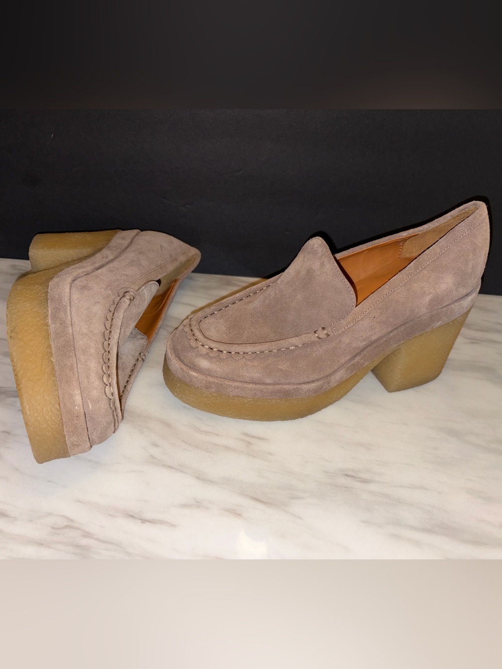 Marc Fisher Platform Crepe Sole Suede Heeled Loafers Taupe Size 8.5
